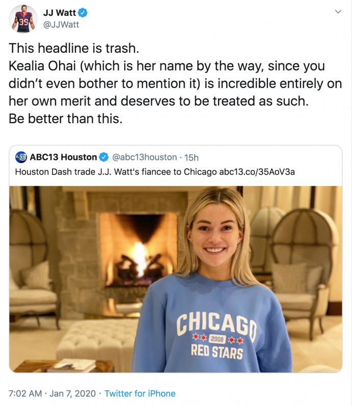 Kealia Ohai JJ Watt Tweet