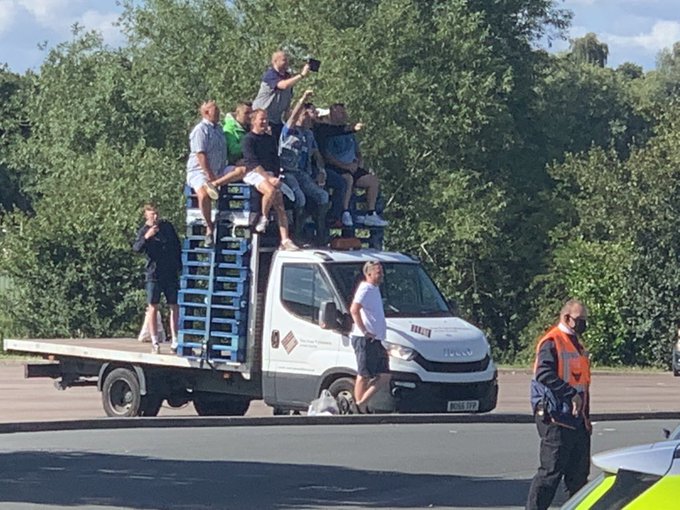 Portsmouth fans on pallets 