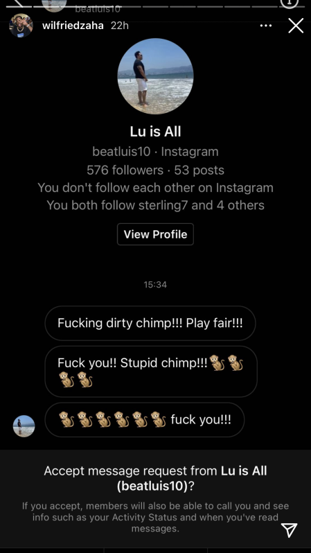 Zaha shares to his Instagram the abuse he suffered.