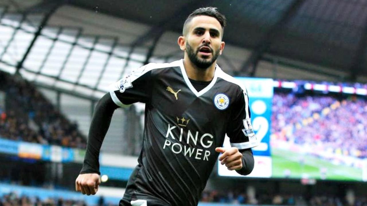 Riyad Mahrez celebrates his goal against Manchester City.