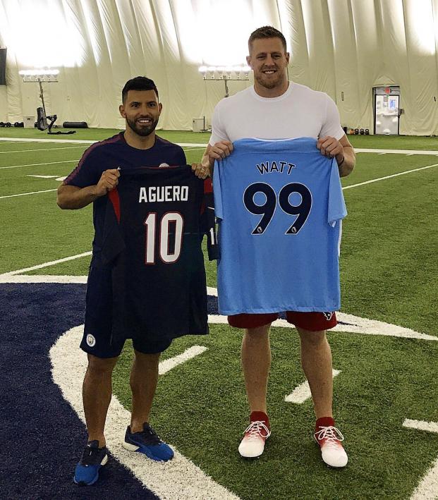 J.J. Watt meets Manchester City Striker Sergio Aguero