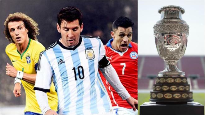 David Luis, Lionel Messi, and Alexis Sanchez are pictured together in a photoshopped image. The Copa America trophy is also pictured. 