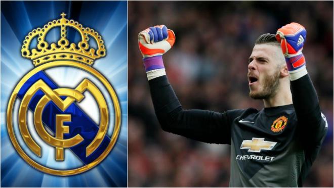 David De Gea is shown celebrating with his arms raised to fists. Real Madird's logo is also pictured.