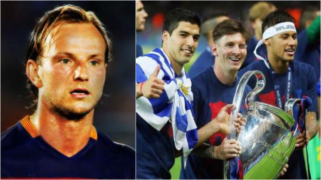 Ivan Rakitic pictured next to Messi, Suarez, and Neymar holding the Champions League trophy. 