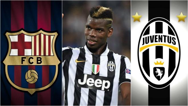 Juventus' Paul Pogba is pictured between the crests of Juventus and Barcelona. 