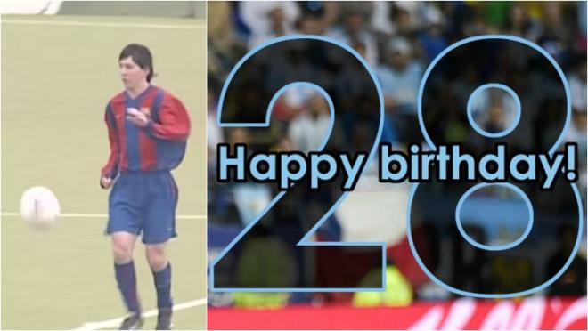 A 16-year-old Messi is shown playing, a message showing "Happy Birthday" and the number 28 is also shown. 