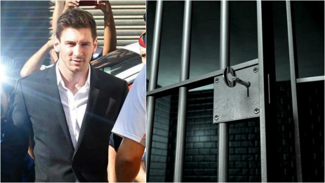 Lionel Messi is pictured in a nice suit, surrounded by camera men and reporters. In the frame next to him is a jail cell with a key in the lock.