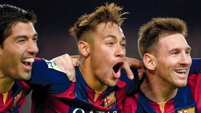 MSN – Messi, Suarez and Neymar celebrate a win