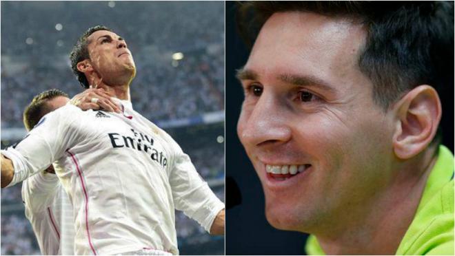  Se muestra a Ronaldo gritando de celebración. Messi se muestra sonriendo.