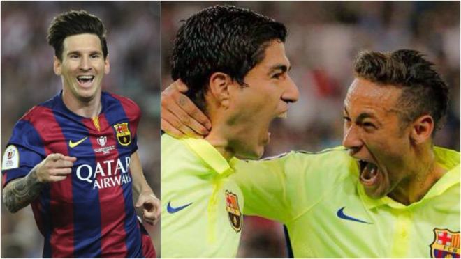 Lionel Messi is pictured with a massive smile on his face. Suarez and Neymar are then pictured exuberantly celebrating. 