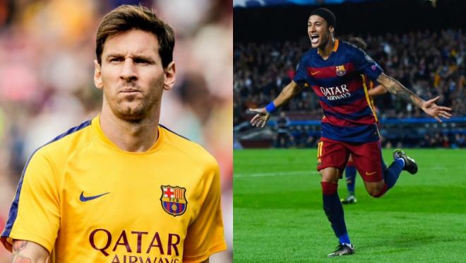 Messi squinting across the field. Neymar running in celebration. Messi vs Neymar.