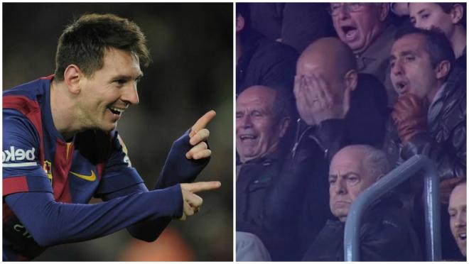 Messi celebrates and Pep Guardiola hides his face behind his hands