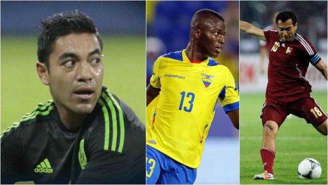 Marco Fabian of Mexico is pictured looking to his left, where two frames of players from Ecuador and Venezuela are picture. 