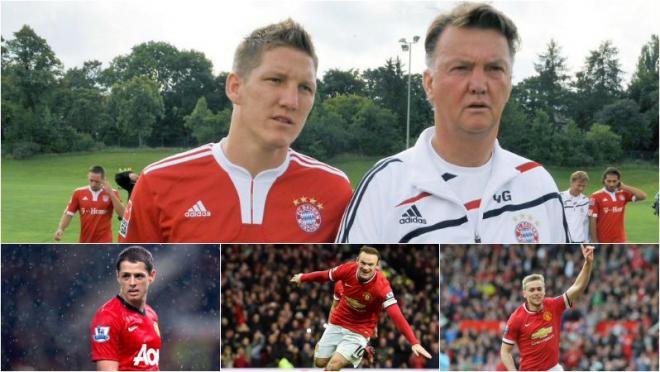 Above: Schweinstieger talking to van Gaal during their Bayern days. Below: Chicharito, Wayne Rooney, and James Wilson all in United red. 