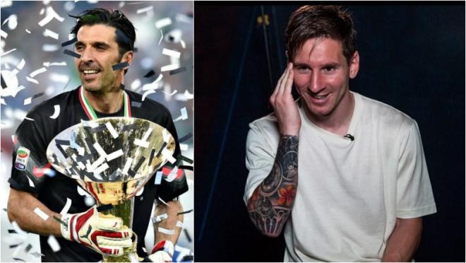 Juventus' Gigi Buffon at a trophy celebration and Lionel Messi in plain clothes looking bashful are pictured