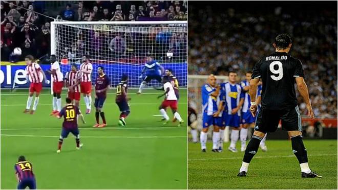 Messi admires a bending freekick. Ronaldo stands over a deadball of his own