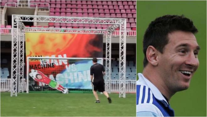 Messi is shown getting his shot saved by some contraption in one frame, and then smiling in disbelief in the next.