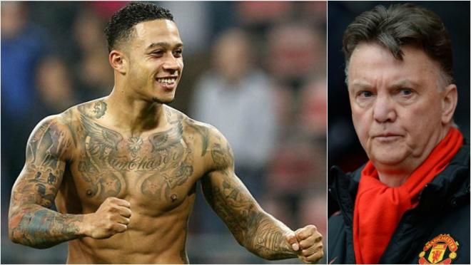 Depay with his shirt off. Van Gaal looking serious. 