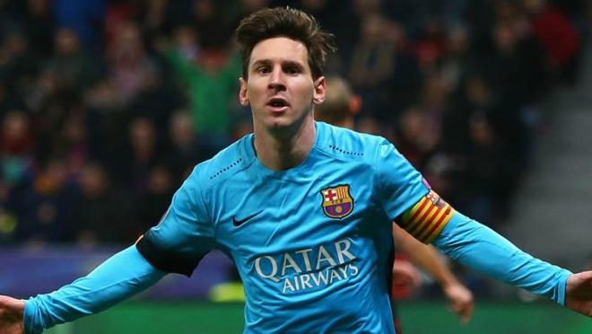 Lionel Messi celebrates his first goal against Arsenal. 