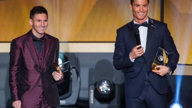 Messi and Ronaldo on stage at the Ballon d'Or ceremony