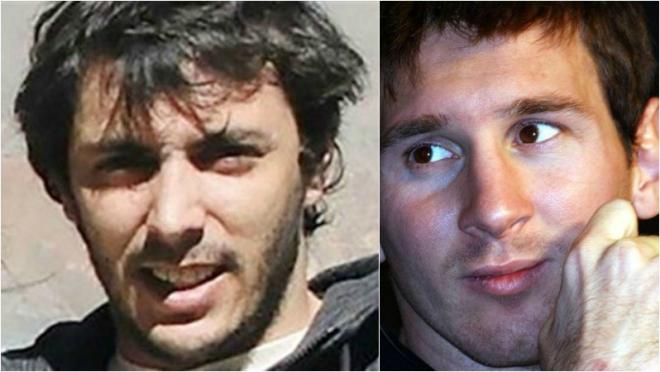 On the left a scruffy Santiago is pictured. Messi is shown in a close up glancing to the left. 