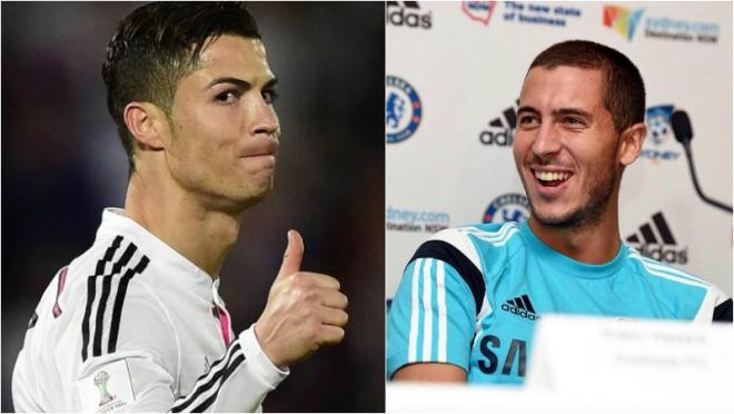 Ronaldo is pictured with his holding a single thumb up with a mild grimace on his face. Hazard is picture laughing in what looks like disbelief.