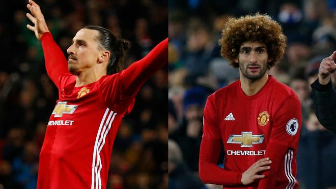 Zlatan celebrates an amazing chip-in versus Everton, Fellaini looks nervous before Mourinho puts him in