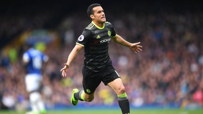 Pedro celebrates after a left-footed wonder goal for Chelsea against Everton