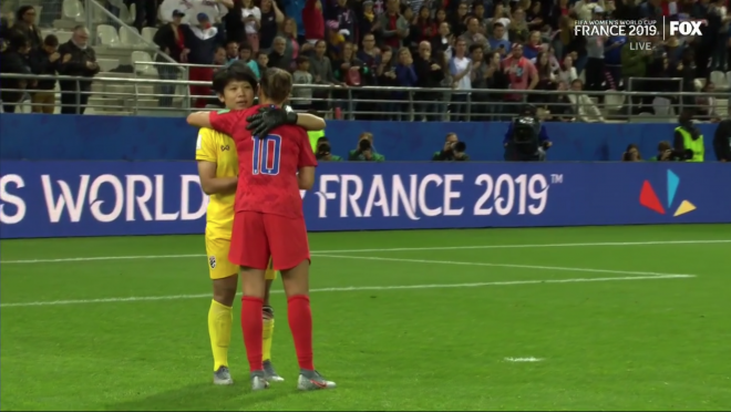 Thailand Goalkeeper Sukanya Chor Charoenying consoled by Carli Lloyd