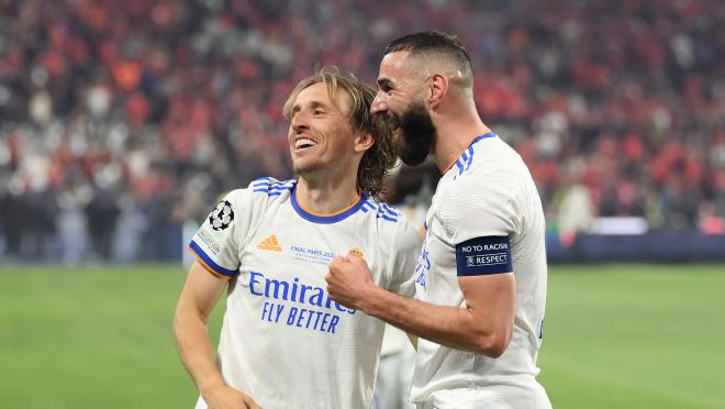 Karim Benzema and Luka Modric celebrate winning the 2021-22 Champions League Final. Both have been Real Madrid Uefa Player of The Year