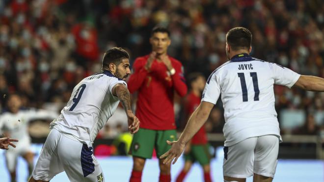 Mitrovic celebrates his goal against Portugal