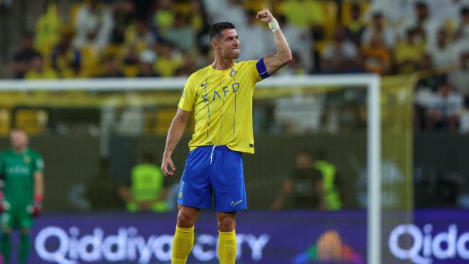 Cristiano Ronaldo celebrates goal during the Saudi Pro League match between Al-Nassr and Al Wehda