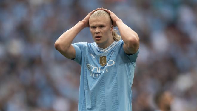 Erling Haaland reacts during Emirates FA Cup Final match between Manchester City and Manchester United