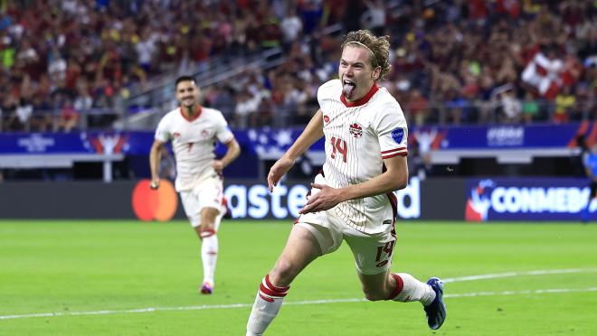 Jacob Shaffelburg of Canada celebrates after scoring the team's first goal during the CONMEBOL Copa America 2024 quarter-final match between Venezuela and Canada at AT&T Stadium on July 05, 2024 in Arlington, Texas.