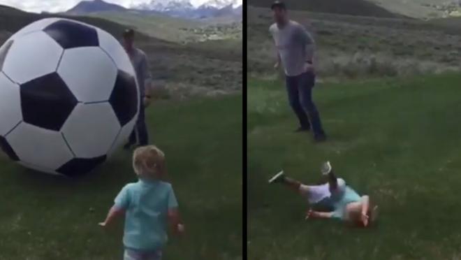 Dad destroys son with giant soccer ball