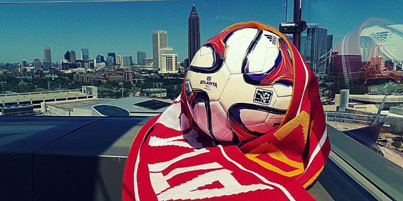 Atlanta Soccer Ball looks over the city