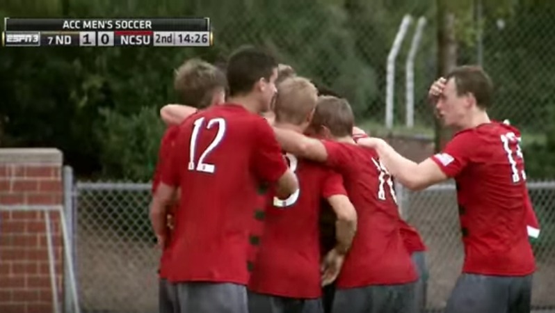 NC State celebrates after a ridiculous bicycle kick